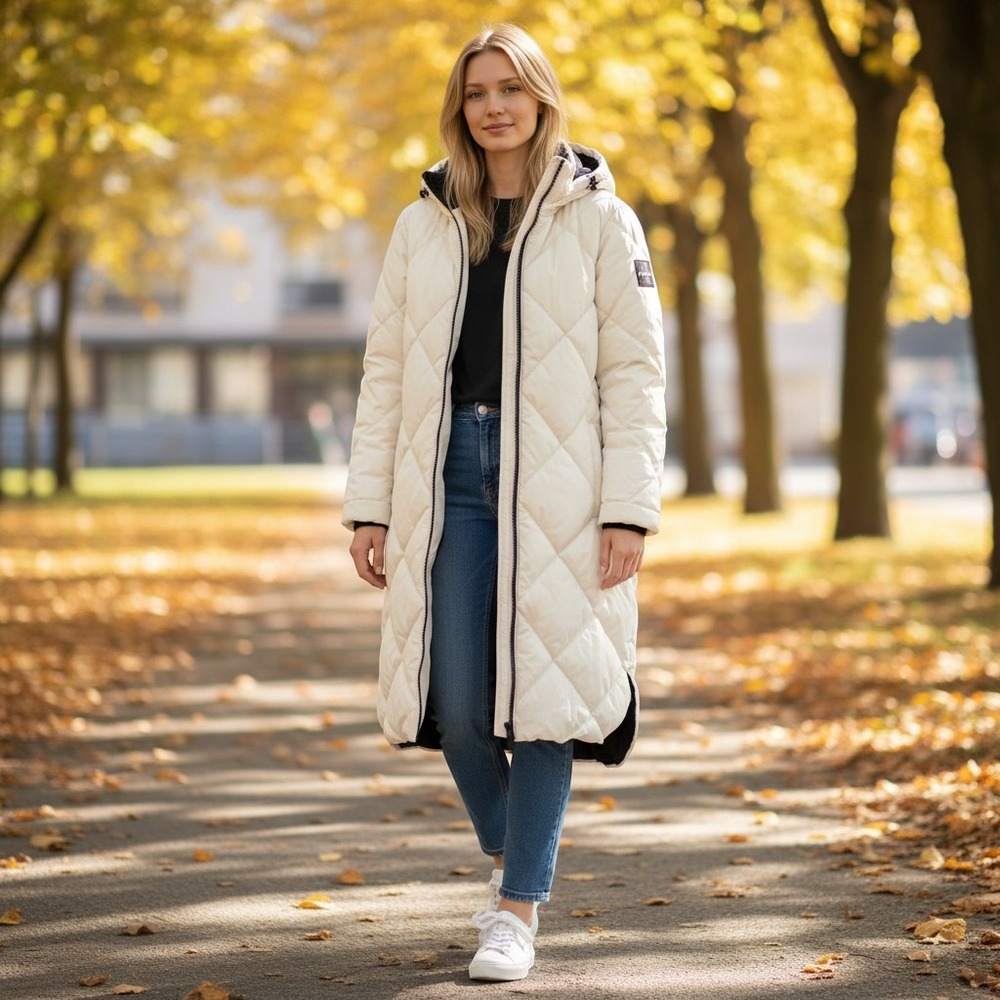 Calvin Klein Jeans Womens Size Small Long Quilted Puffer Coat Cream White Hooded
